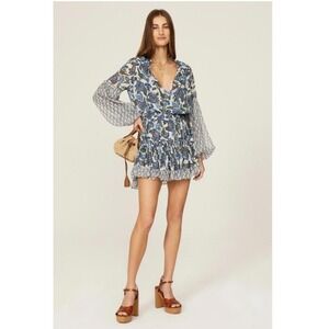 MISA Los Angeles Elisabetta Mini Dress Flora Azulia Blue Green Silver Lurex XS
